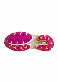 Suola della scarpa caratterizzata da un design flessibile con una superficie bianca, modelli di trazione in gomma rosa e accenti gialli per una migliore presa.
