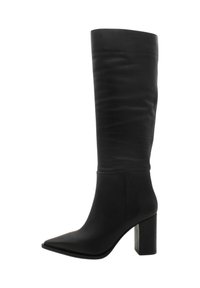 Czarne skórzane buty za kolano z wąskim noskiem i masywnym słupkowym obcasem. Gładka tekstura i subtelnie marszczony górny brzeg.