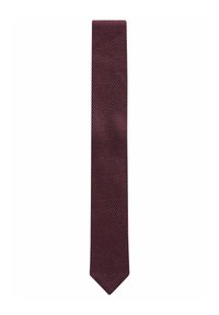 Cravate tissée bordeaux avec un motif hexagonal texturé, présentant une forme étroite et une pointe pointue. Fabriquée en matériau textile.