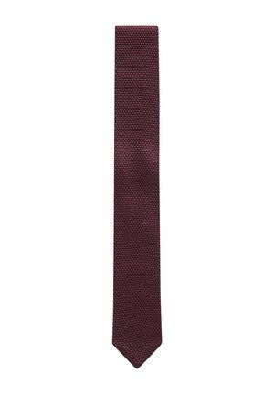 Cravate tissée bordeaux avec un motif hexagonal texturé, présentant une forme étroite et une pointe pointue. Fabriquée en matériau textile.