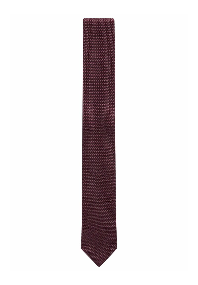 Cravate tissée bordeaux avec un motif hexagonal texturé, présentant une forme étroite et une pointe pointue. Fabriquée en matériau textile.