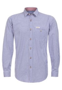 Chemise à manches longues à carreaux bleus et blancs, avec une poche poitrine, un col classique et des boutons marron.