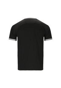 Musta lyhythihainen t-paita pyöreällä kauluksella, jossa on harmaat korostukset hihoissa, valmistettu sileästä ja kevyestä kankaasta.