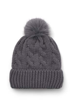 Szary dziany kapelusz z wzorem w warkocze, z grubym ściągaczem i puszystym pomponem na górze. Miękka tekstura z mieszanki wełny.