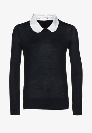 Schwarzer Pullover mit langen Ärmeln und einem weißen Peter-Pan-Kragen, aus weichem Material und mit lockerer Passform. Der Ausschnitt hat Druckknöpfe.