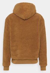 Veste à capuche marron zippée avec une texture polaire duveteuse, poignets et ourlet côtelés, vue de dos sur fond blanc.