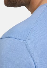 Maglione lavorato a maglia azzurro chiaro con un design aderente e maniche raglan senza cuciture, che mette in evidenza una texture liscia e dettagli di cucitura delicati.