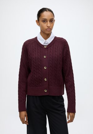 Frau trägt eine weinrote Zopfmuster-Strickjacke mit Knöpfen über einem weißen Hemd mit Kragen und schwarzen Hosen, steht vor einem einfarbigen weißen Hintergrund.