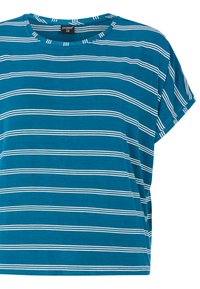 Turkiozines trumpas rankovėmis marškinėliai su baltais horizontaliais dryžiais, apvaliu iškirpimu, laisvu siluetu ir minkšta audinio tekstūra.