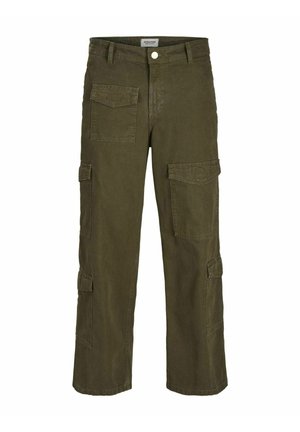 Olive green cargo pants made of cotton, featuring multiple pockets, a straight leg design, and a sturdy waistband with a button closure.