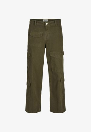 Pantalons cargo vert olive en coton, dotés de plusieurs poches, d'une coupe droite et d'une taille robuste avec fermeture à bouton.