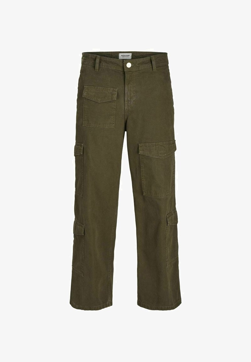 Olivově zelené cargo kalhoty vyrobené z bavlny, s mnoha kapsami, rovnými nohavicemi a pevným pasem se zapínáním na knoflík.