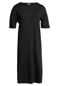 Svart bomulls klänning, korta ärmar, luftig passform, rund halsringning, ankellängd, sidoflikar för lätt rörelse, slät textur.