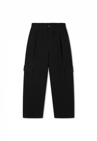 Schwarze Cargo-Hosen mit gepresstem Vorderteil, elastischem Bund und zwei seitlichen Taschen. Hergestellt aus einem glatten, gewebten Stoff mit lockerer Passform.