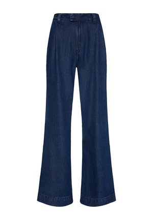 Denim breddebenede jeans i mørkeblå med høj talje, der har en ren front, synlige stikninger og en let falmet tekstur.