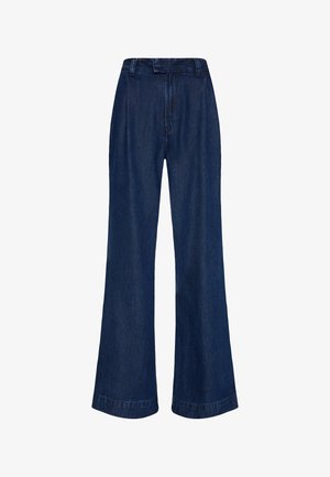 Denim breddebenede jeans i mørkeblå med høj talje, der har en ren front, synlige stikninger og en let falmet tekstur.
