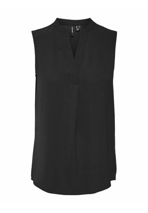 Zwarte mouwloze blouse met een mandarin kraag, een voorste drukknopenrij en een licht gebogen zoom. Gemaakt van een textuurstof met een relaxte pasvorm.