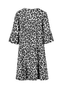 Schwarz-weißes Leopardenmuster-Kleid mit lockerer Passform, Rüschensäumen und gestuftem Design. Hergestellt aus leichtem Stoff, mit rundem Ausschnitt.