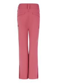 Pink outdoor pants with a smooth texture, zippered pockets on the sides, and zippers at the ankle for adjustable fit.