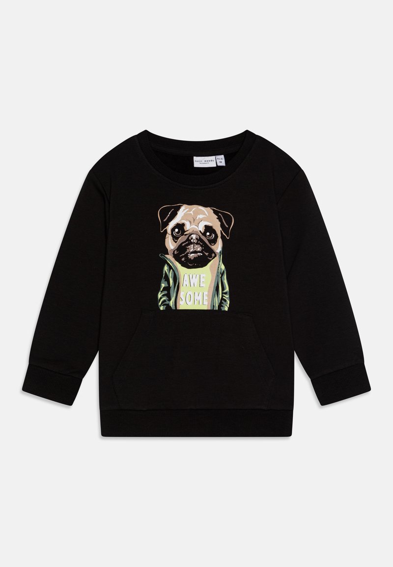 Fekete pulóver, elöl pug grafikával és "AWESOME" felirattal, zsebbel és bordás mandzsettával. Puha, tartós anyagból készült.