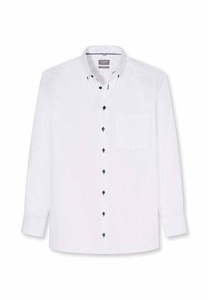 Wit herenoverhemd met lange mouwen, button-down kraag, contrasterende donkere knopen en een borstzak, plat neergelegd op een witte achtergrond.