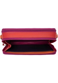 Pink and orange leather zippered pouch with a smooth texture, featuring a single open compartment and contrasting colored interior.