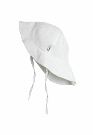 Hvid bomuldssolhat med bred skygge og nakkestropper, lille rektangulært mærke på siden.