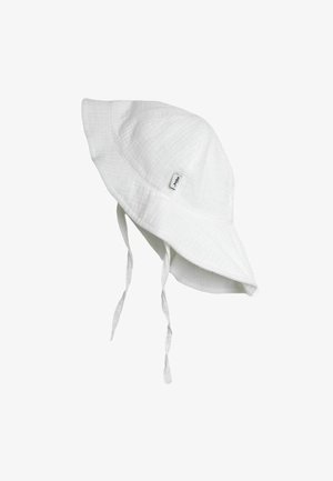 Balta kokvilnas saules cepure ar plašu malu un zoda siksniņām, mazs taisnstūrveida zīmola tagiņš sānos.