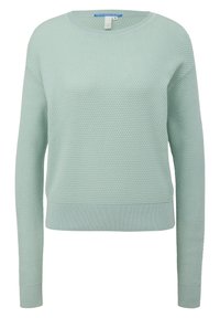 Maglione verde menta con un design a maglia texturizzato a nido d'ape, collo rotondo e polsini e orlo a coste. Etichetta della taglia visibile all'interno.