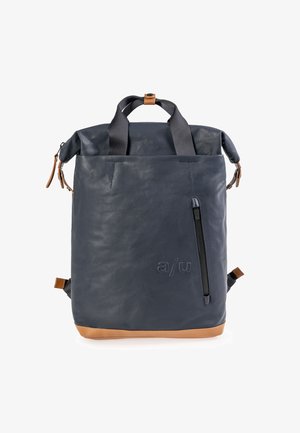 Navy blue backpack with a glossy texture, tan accents, rolled top, side zipper pocket, and logo embossed on the front. Adjustable straps.