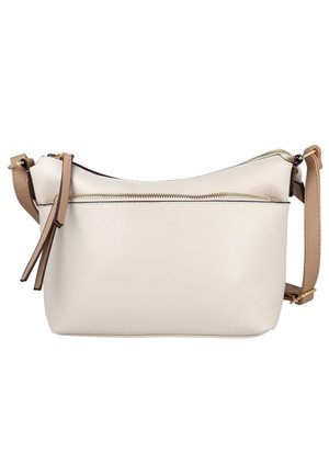 Bolso cruzado de cuero color crema con bolsillo delantero con cremallera y correa beige ajustable con herrajes dorados.