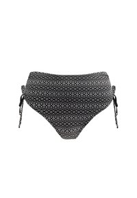 Czarno-biały kostium kąpielowy z geometrycznym wzorem, wysoki stan i regulowane wiązania po bokach dla dopasowania na miarę.