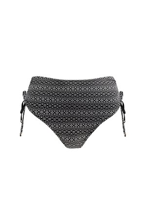 Czarno-biały kostium kąpielowy z geometrycznym wzorem, wysoki stan i regulowane wiązania po bokach dla dopasowania na miarę.