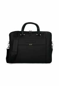 Czarna skórzana teczka z podwójnymi uchwytami u góry i regulowanym paskiem na ramię, z metalowymi elementami w kolorze srebrnym, z zamknięciem na zamek błyskawiczny oraz przednią kieszenią.