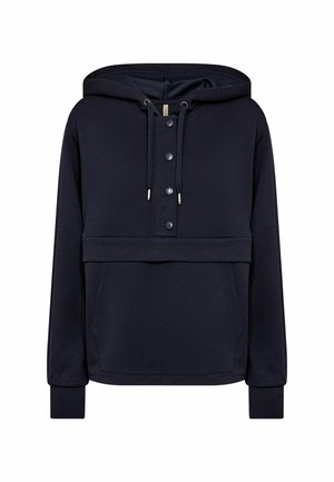Sweat à capuche bleu marine avec cordon de serrage, patte de boutonnage à pression, poche frontale et poignets côtelés. Texture douce et coupe décontractée.