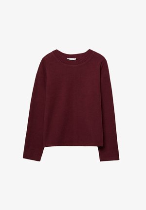 Bordeauxfarbenes Strickpullover mit Rundhalsausschnitt, langen Ärmeln und einem verkürzten Design. Weicher Stoff mit Rippdetails am Kragen.
