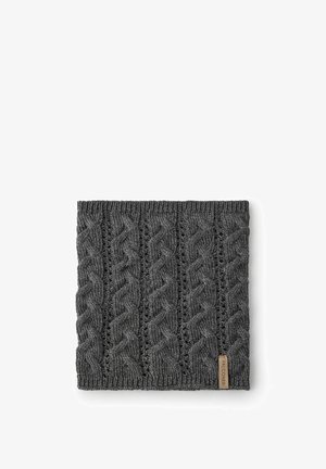 Knitted grey cowl with a cable pattern, featuring a smooth texture and a small fabric tag on the side.