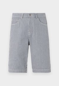 Μπλε και λευκά κάθετα ριγέ σορτς μέχρι το γόνατο με μπροστινές τσέπες και κούμπωμα με κουμπί σε μονόχρωμο φόντο.