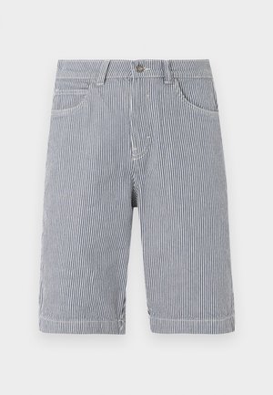 Blue and white vertical striped knee-length shorts with front pockets and button closure on a plain background.