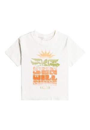 Biały bawełniany t-shirt z nadrukiem przedstawiającym żółte słońce nad zielonymi liśćmi oraz pomarańczowy napis „SUN WILL SHINE”. Krótkie rękawy.
