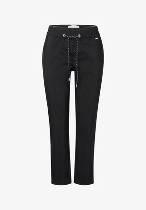 Schwarze tapered Hosen mit elastischem Bund, verstellbarem Kordelzug und dezentem Glanz. Glatte Textur ohne sichtbare Muster oder Akzente.