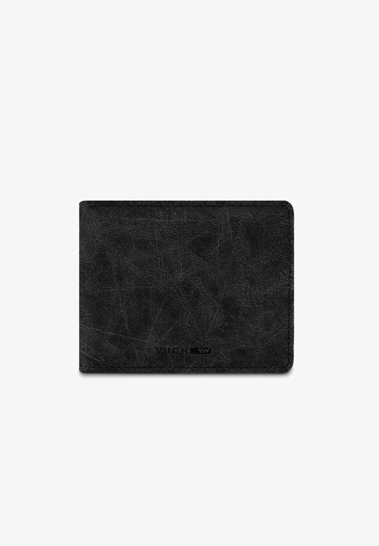 Black leather wallet with a textured surface, rectangular shape, and rounded edges. Features a subtle logo embossed on the front.