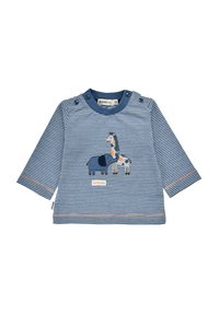 Blau-weißer, gestreifter Langarmshirt mit Tierstickerei, das ein Pferd und eine Kuh zeigt, und Druckknöpfen an der Schulter. Weicher Baumwollstoff.