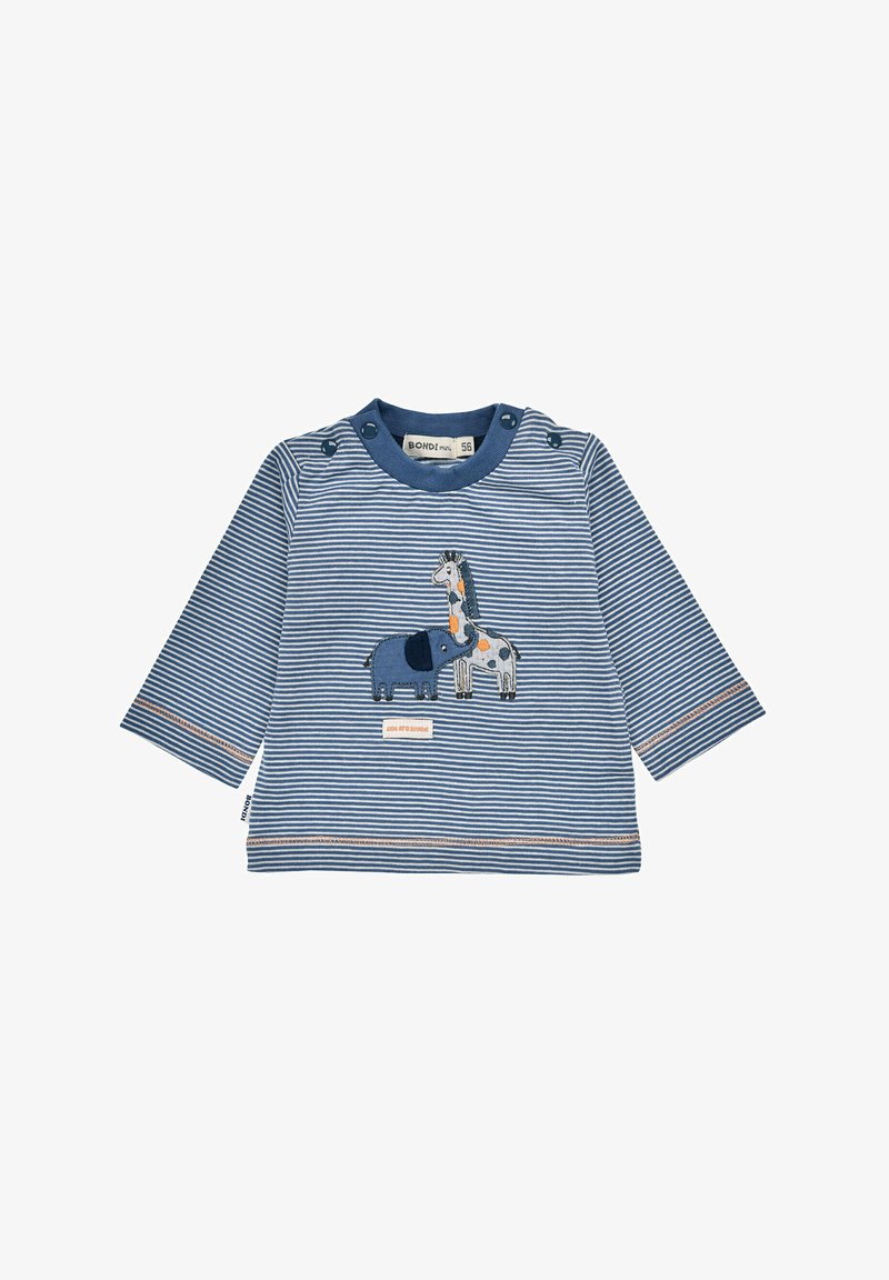 Blau-weißer, gestreifter Langarmshirt mit Tierstickerei, das ein Pferd und eine Kuh zeigt, und Druckknöpfen an der Schulter. Weicher Baumwollstoff.