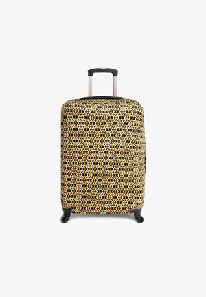 Twarda walizka z wielokolorowym geometrycznym wzorem w kolorach żółtym, czarnym i białym. Posiada teleskopową rączkę i kółka obrotowe.