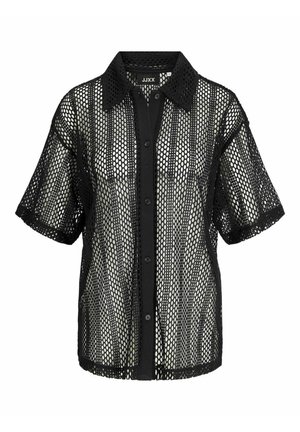 Zwarte mesh shirts met korte mouwen, knoopsluiting aan de voorkant, puntige kraag en een gestructureerd ontwerp met een hexagonaal patroon en een effen bies.