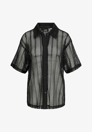 Chemise en mesh noir à manches courtes, devant boutonné, col pointu, et design structuré mettant en valeur un motif hexagonal et une bordure unie.