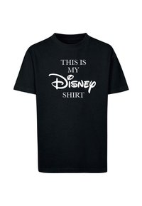 Sort bomulds T-shirt med hvid tekst, der står "DETTE ER MIN Disney TRØJE" i en blanding af blok- og skriftskrift. Korte ærmer og rund hals.