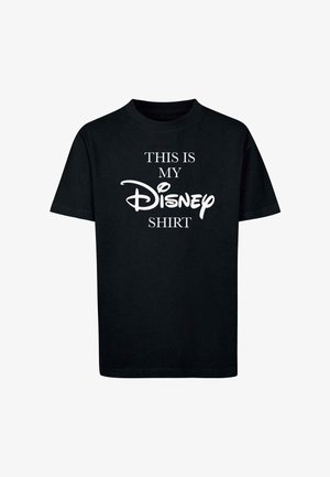 Czarna bawełniana koszulka z krótkim rękawem z napisem "TO JEST MOJA KOSZULKA DISNEY" w połączeniu czcionki blokowej i kursywnej. Okrągły dekolt.