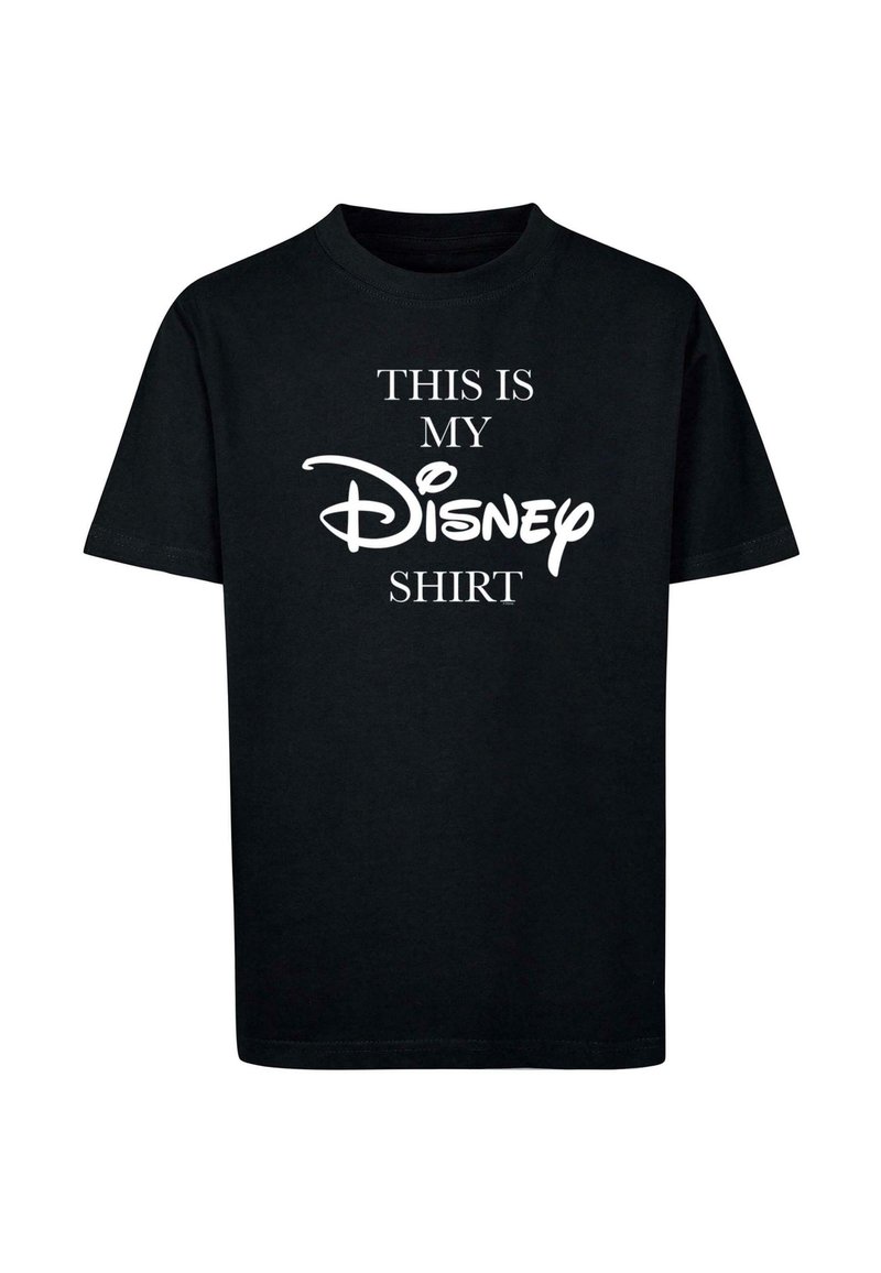 Sort bomulds T-shirt med hvid tekst, der står "DETTE ER MIN Disney TRØJE" i en blanding af blok- og skriftskrift. Korte ærmer og rund hals.
